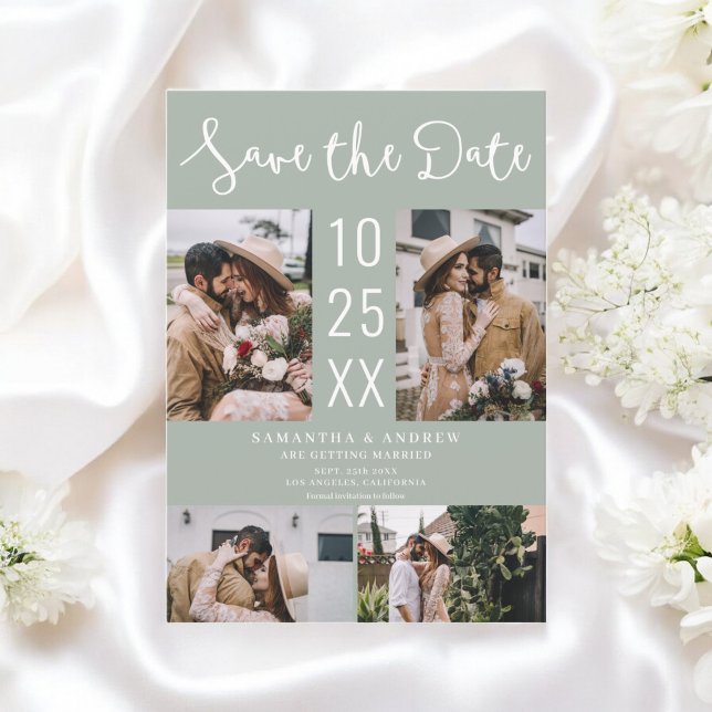  Modern Boho 4-Photo sage green Wedding Save The Date (Modern Boho 4-Photo sage green Wedding Save The Date)