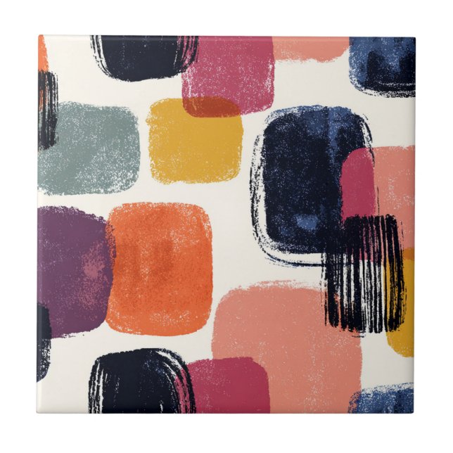 Modern Boho Abstract Brushstroke -Bold Retro Colou Ceramic Tile (Front)