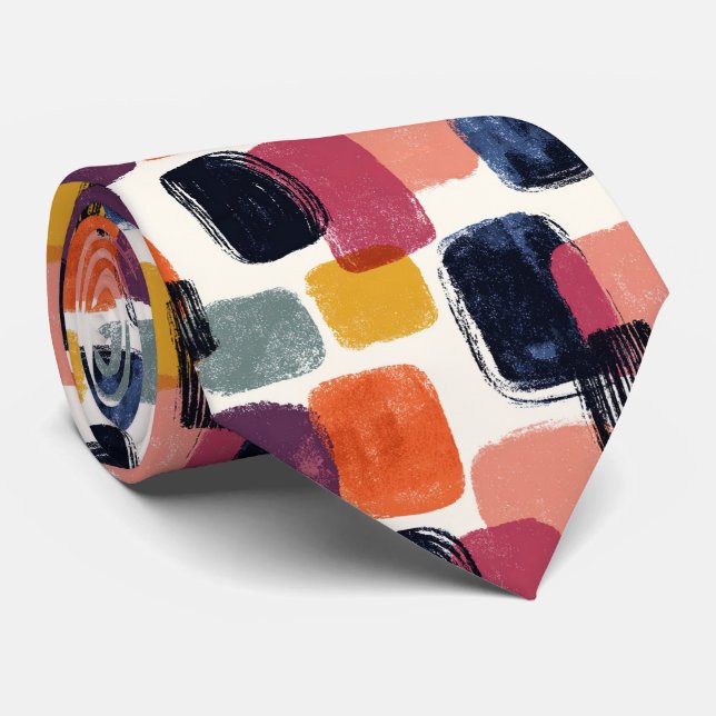 Modern Boho Abstract Brushstroke -Bold Retro Colou Tie (Rolled)