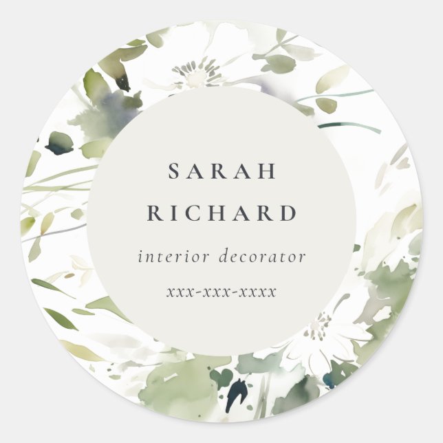 Modern Boho Abstract Green White Floral Business Classic Round Sticker (Front)