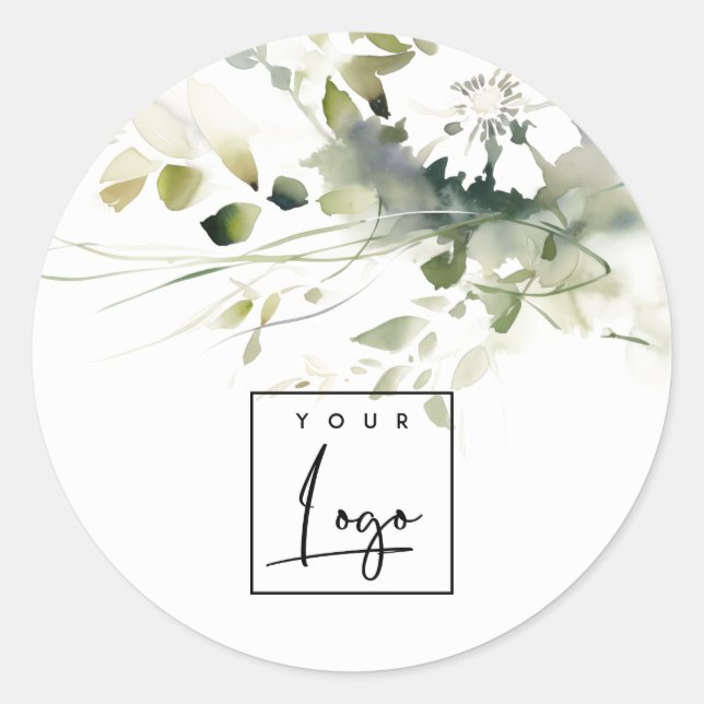Modern Boho Abstract Green White Floral Logo Classic Round Sticker (Front)