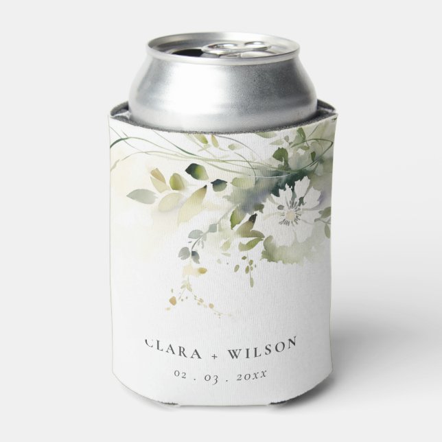 Modern Boho Abstract Green White Floral Wedding Can Cooler (Can Front)
