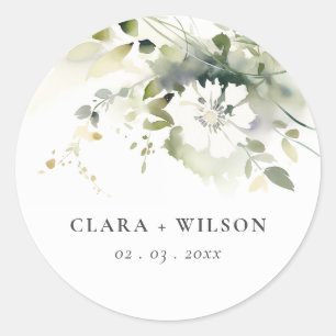 Modern Boho Abstract Green White Floral Wedding Classic Round Sticker