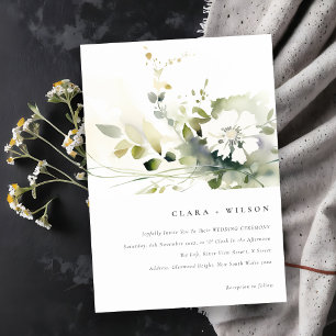 Modern Boho Abstract Green White Floral Wedding Invitation