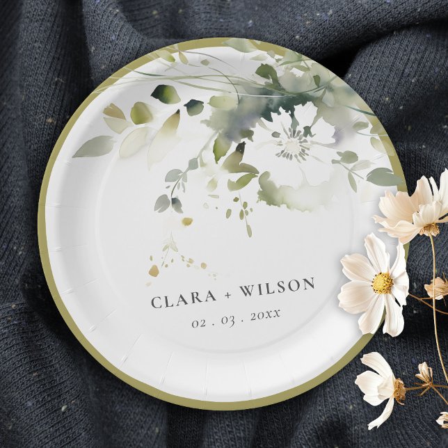 Modern Boho Abstract Green White Floral Wedding Paper Plate (Creator Uploaded)
