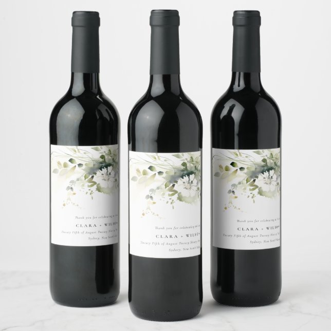 Modern Boho Abstract Green White Floral Wedding Wine Label (Bottles)
