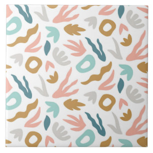 Modern Boho Abstract Shapes Pattern in Teal, Terra Ceramic Tile