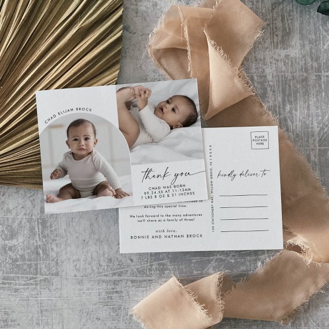 Modern Boho Arch 2 Photo Thank You Birth Announcement Postcard (Creator Uploaded)