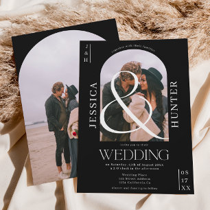 Modern boho arch 2 photos wedding black invitation