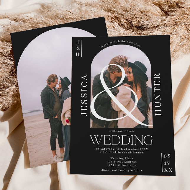 Modern boho arch 2 photos wedding black invitation (Creator Uploaded)
