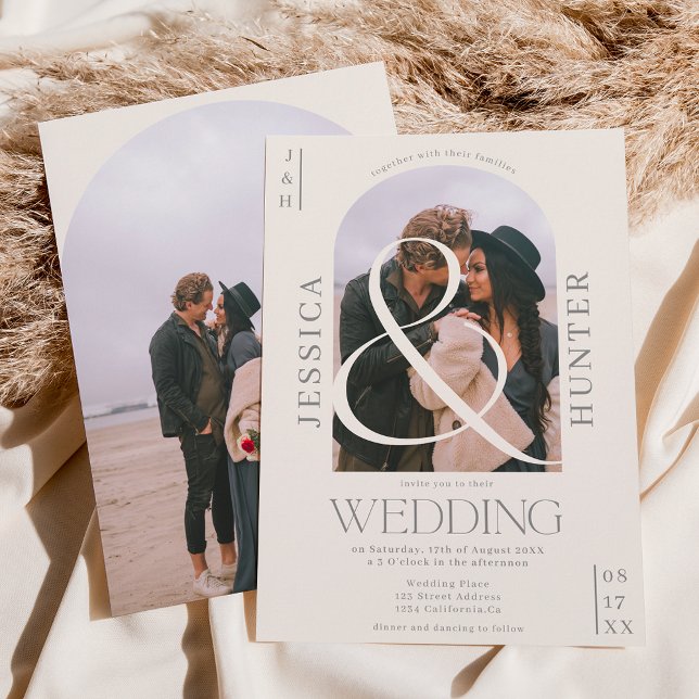 Modern boho arch 2 photos wedding ivory grey invitation (Creator Uploaded)