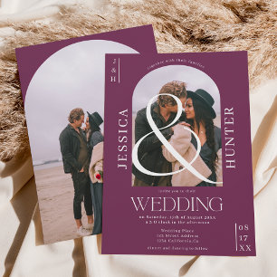 Modern boho arch 2 photos wedding purple invitation