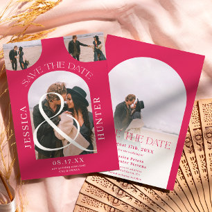 Modern boho arch 4 photos wedding magenta save the date