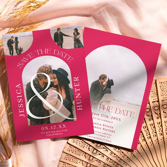 Modern boho arch 4 photos wedding magenta save the date (Creator Uploaded)