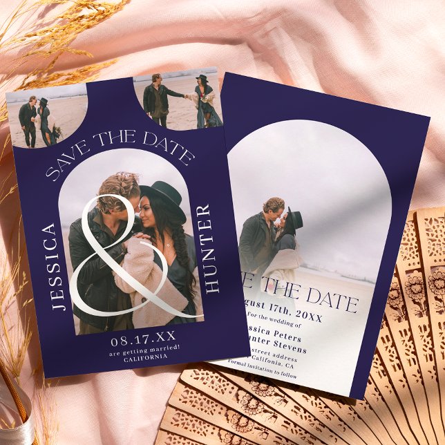 Modern boho arch 4 photos wedding navy blue save the date (Creator Uploaded)