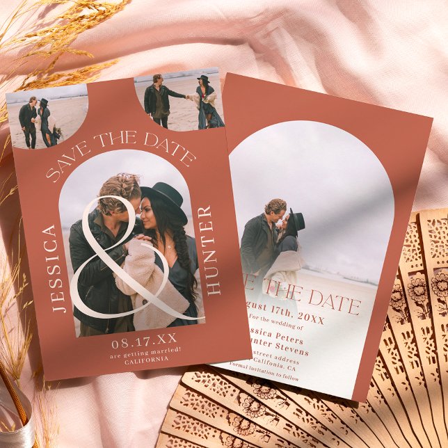 Modern boho arch 4 photos wedding terracotta save the date (Creator Uploaded)