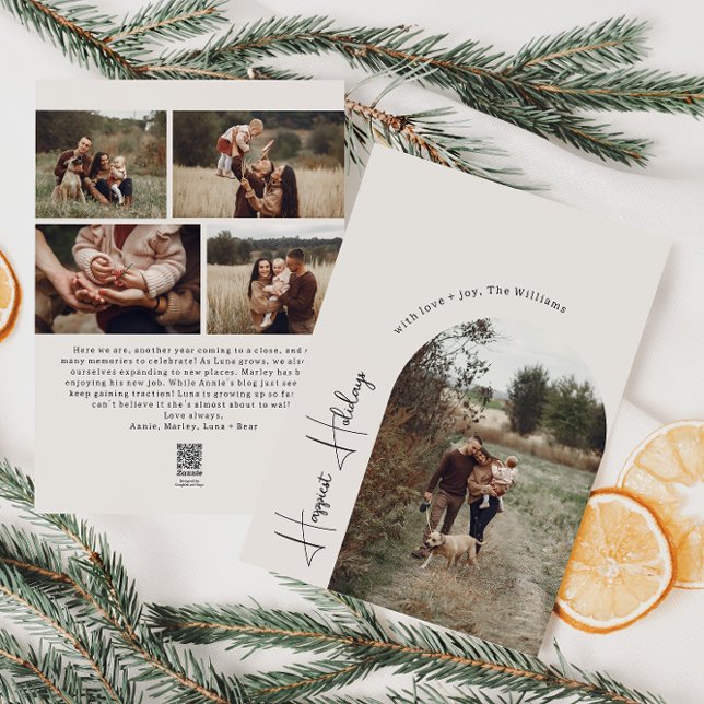 Modern Boho Arch Beige Happiest Holidays 5 Photo Holiday Card (Creator Uploaded)