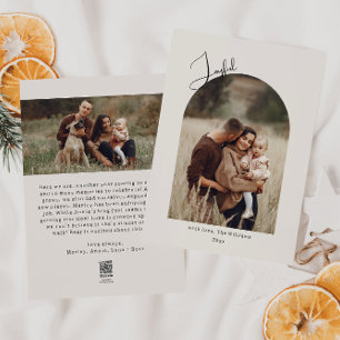 Modern Boho Arch Beige Joyful Two Photo Holiday Card