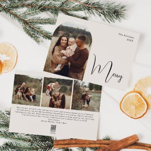 Modern Boho Arch Beige Merry Four Photo Holiday Card