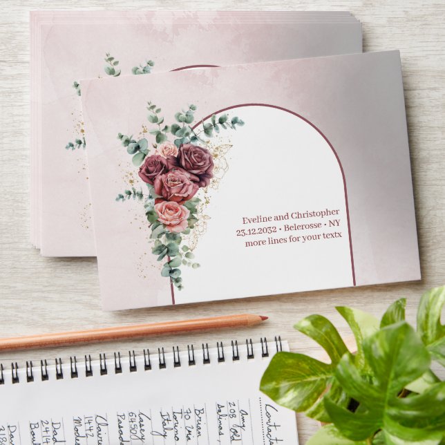 Modern boho arch blush and burgundy floral gold envelope (Stacked)