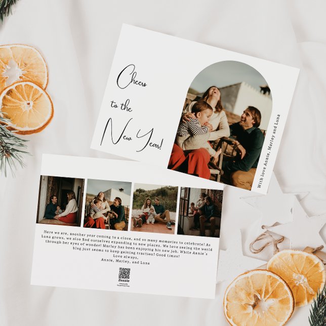 Modern Boho Arch Cheers to the New Year Five Photo Holiday Card (Creator Uploaded)