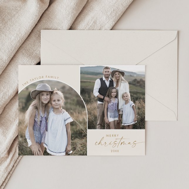 Modern Boho Arch | Cream 3 Photo Merry Christmas Holiday Card (Creator Uploaded)