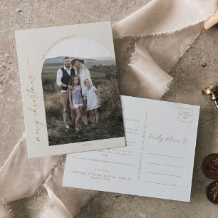 Modern Boho Arch Cream Christmas Photo Holiday Postcard