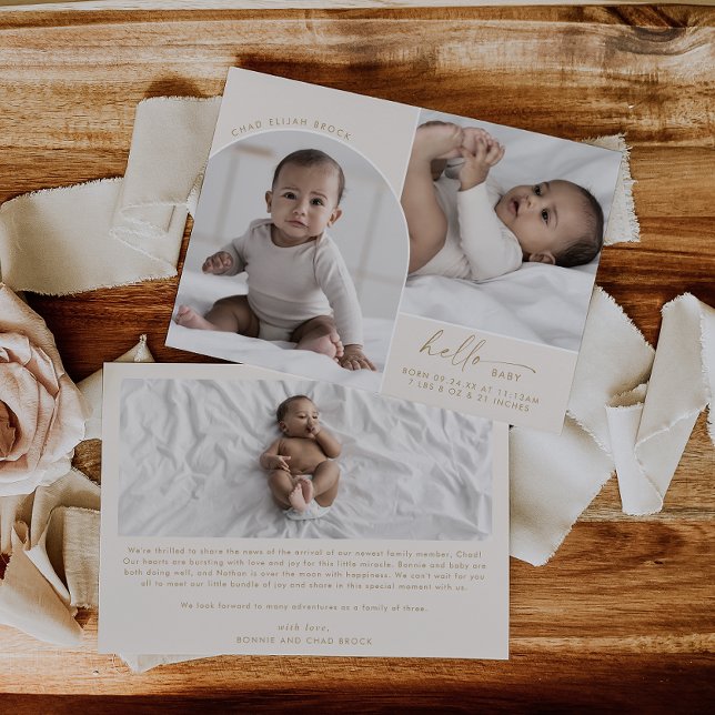 Modern Boho Arch | Cream Hello Baby 3 Photo Birth Announcement (Creator Uploaded)