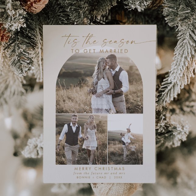 Modern Boho Arch | Cream Photo Collage Engagement  Holiday Card (Creator Uploaded)