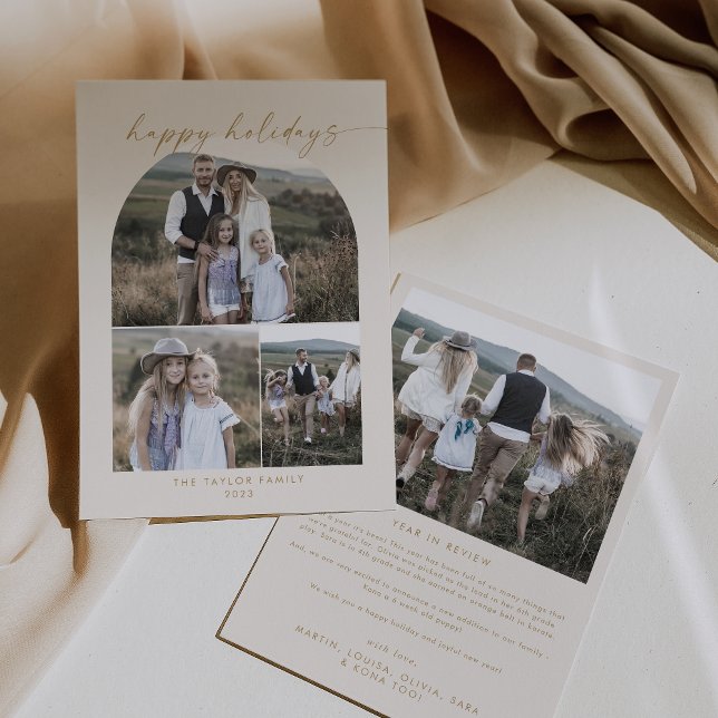 Modern Boho Arch | Cream Photo Collage Family Holiday Card (Creator Uploaded)