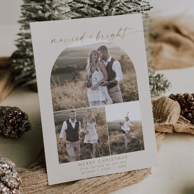 Modern Boho Arch | Cream Photo Collage Newlywed Holiday Card (Creator Uploaded)