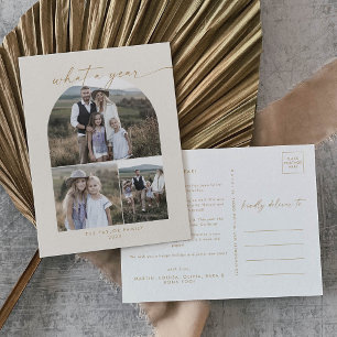Modern Boho Arch Cream Photo Collage What A Year Holiday Postcard