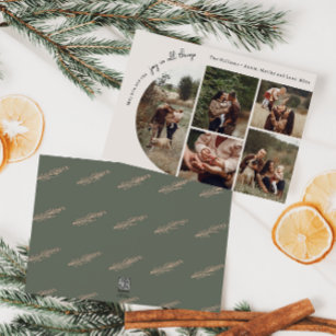 Modern Boho Arch Green Joy In All Things 5 Photo Holiday Card