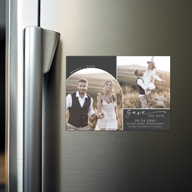Modern Boho Arch | Grey 2 Photo Save the Date Magnetic Invitation (Creator Uploaded)