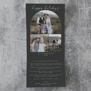 Modern Boho Arch Grey Happy Holidays Photo Collage Tri-Fold Holiday Card