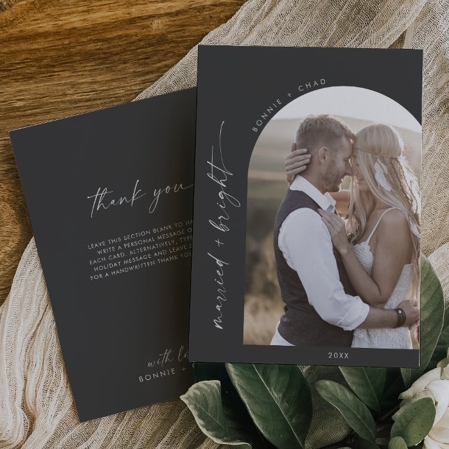 Modern Boho Arch Grey Married and Bright Thank You Holiday Card (Creator Uploaded)