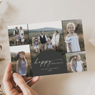 Modern Boho Arch Grey Multi Photo Family Holiday Card