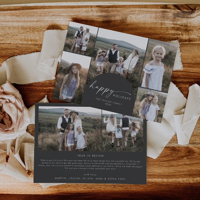 Modern Boho Arch | Grey Multi Photo Family News Holiday Card (Creator Uploaded)