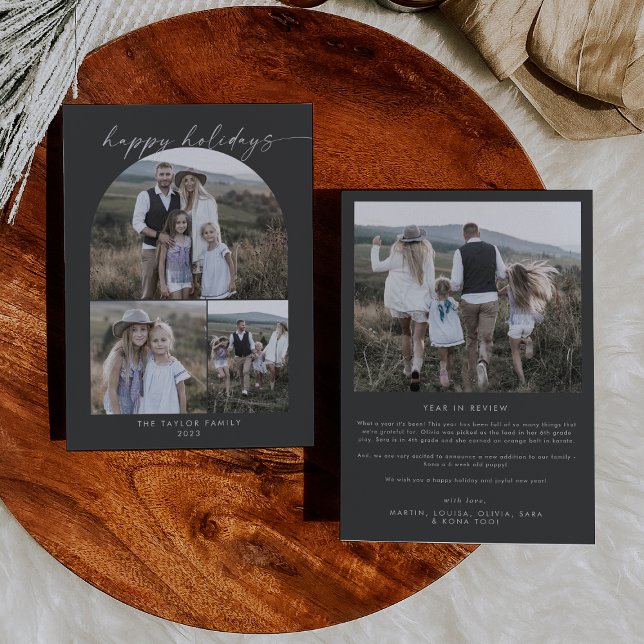 Modern Boho Arch | Grey Photo Collage Family Holiday Card (Creator Uploaded)
