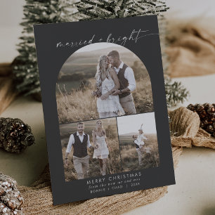 Modern Boho Arch   Grey Photo Collage Newlywed Holiday Card