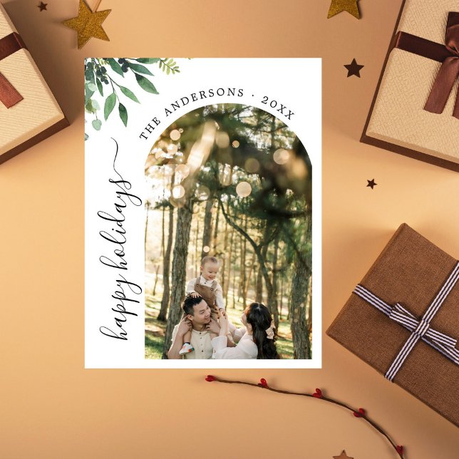 Modern Boho Arch Happy Holidays Botanical Photo Holiday Postcard (Creator Uploaded)
