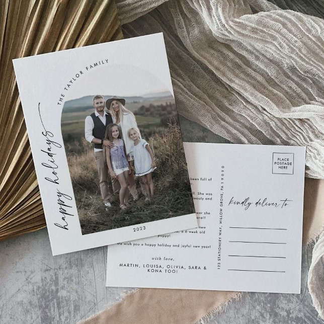 Modern Boho Arch Holiday Photo Year in Review Postcard (Creator Uploaded)