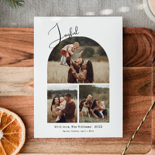 Modern Boho Arch Joyful Three Photo Christmas Holiday Card
