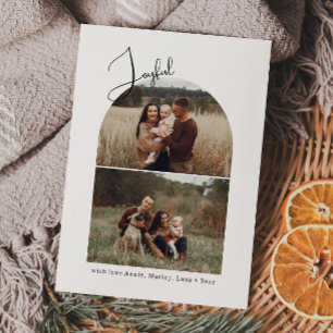 Modern Boho Arch Joyful Two Photo Holiday Card