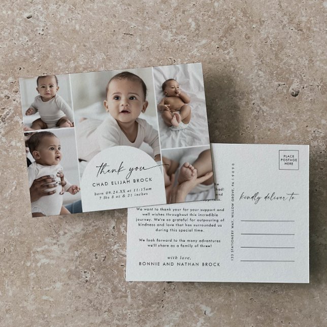 Modern Boho Arch Multi Photo Thank You Birth Announcement Postcard (Creator Uploaded)