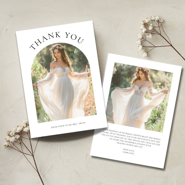 Modern Boho Arch Photo Bridal Shower Typography Thank You Card (Creator Uploaded)