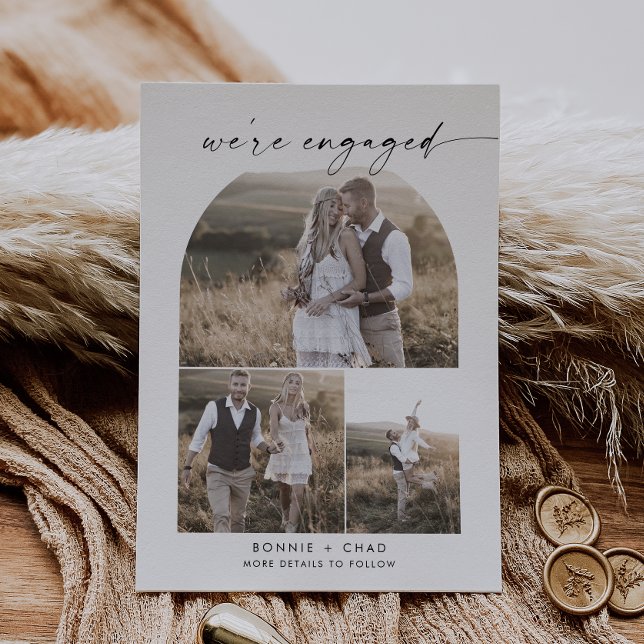 Modern Boho Arch Photo Collage Engagement Announcement (Creator Uploaded)