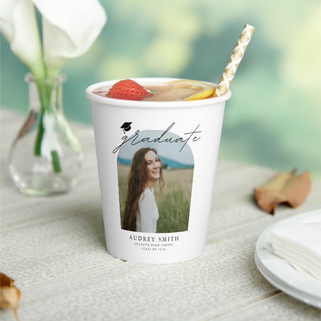 Modern Boho Arch Photo Graduation Party Paper Cups (Insitu)