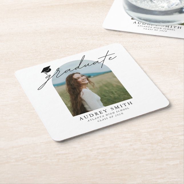 Modern Boho Arch Photo Graduation Party Square Paper Coaster (Angled)