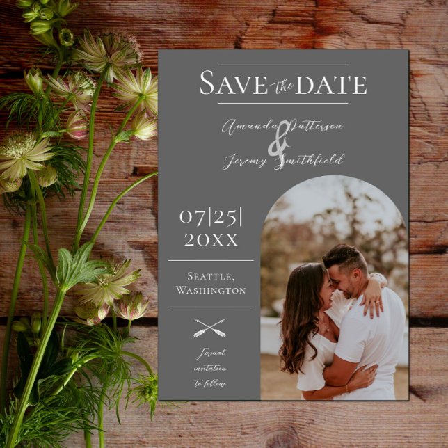 Modern Boho Arch Photo | Grey Save the Date (Modern Arch Photo Save the Date - Gray)